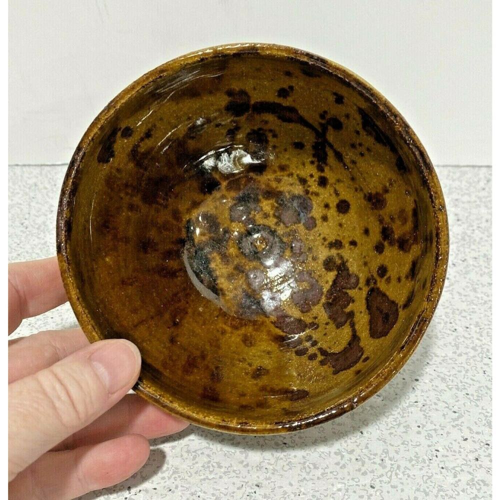 Vintage pottery bowl dark brown splatter ware studio pot shiny glaze stoneware